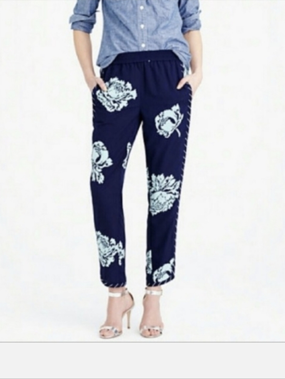 J Crew Floral Reece Pant - Navy